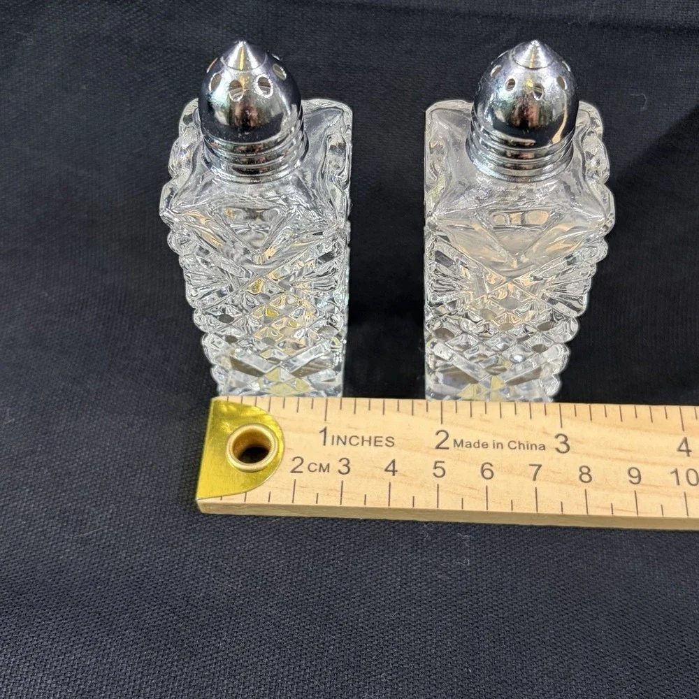 Vintage Hand Cut Lead Crystal Salt Pepper Shakers Japan Chrome Tops